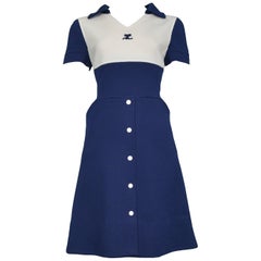 Courrèges - Robe boutonnée bleue et blanche, vintage, années 1960 