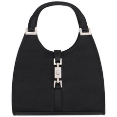 GUCCI "Mini Jackie" Black Silk Satin Top Handle Piston Clasp Satchel Evening Bag