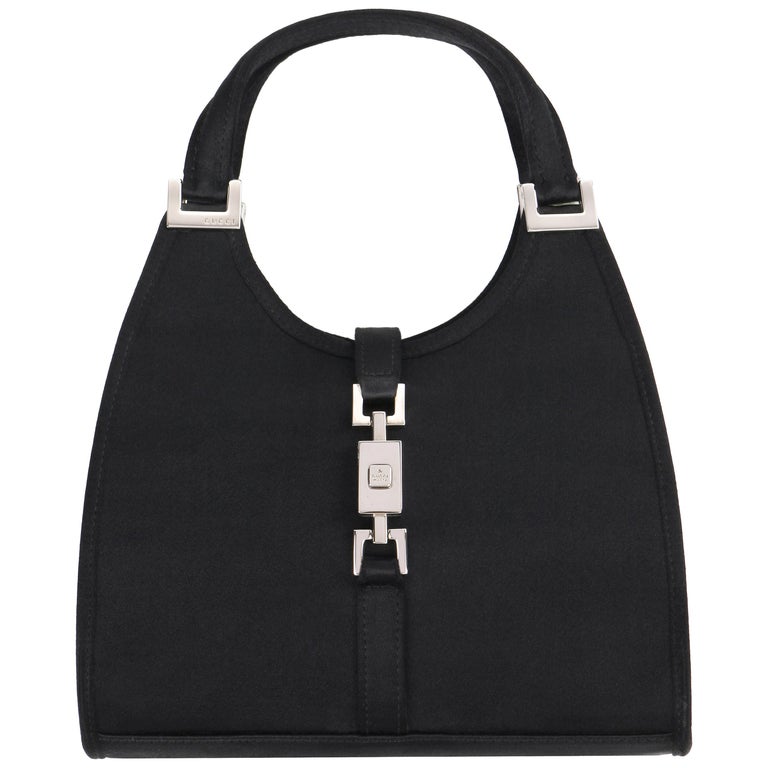 GUCCI "Mini Jackie" Black Silk Satin Top Handle Piston Clasp Satchel Evening Bag at 1stDibs