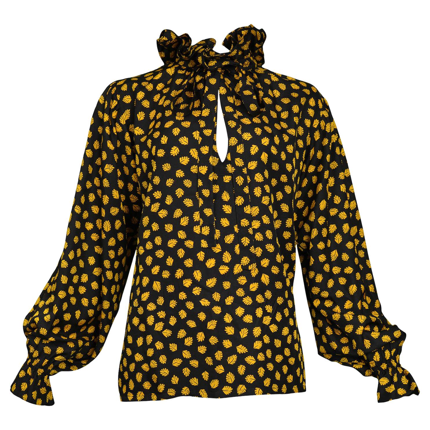 Yves Saint Laurent Yellow and Black Leaf Print Blouse, 1970s 