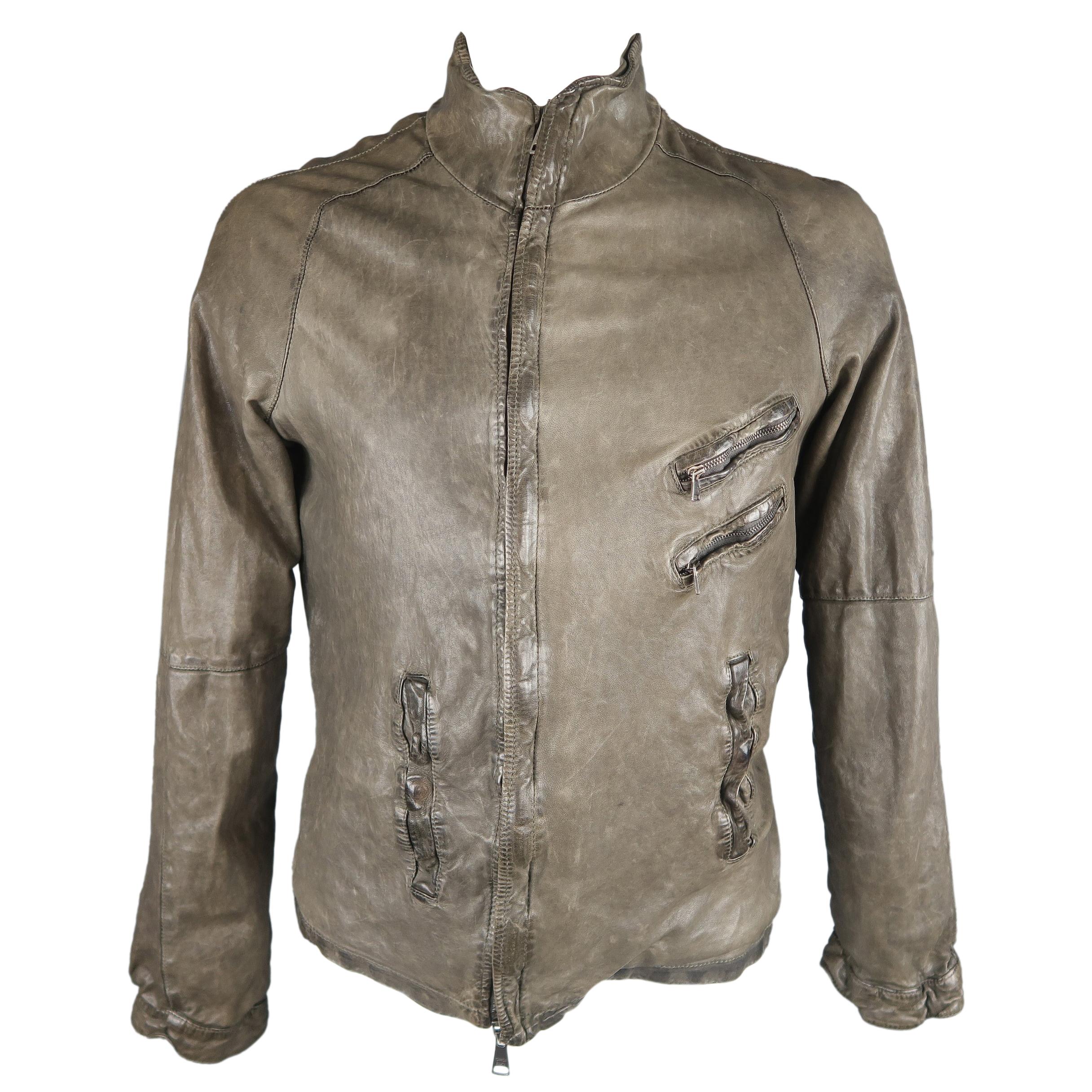 Giorgio Brato Gray Distressed Leather High Collar Biker Jacket