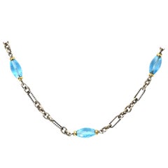 David Yurman Sterling Chain Link Necklace w/ 18K Yellow Gold & Blue Stones