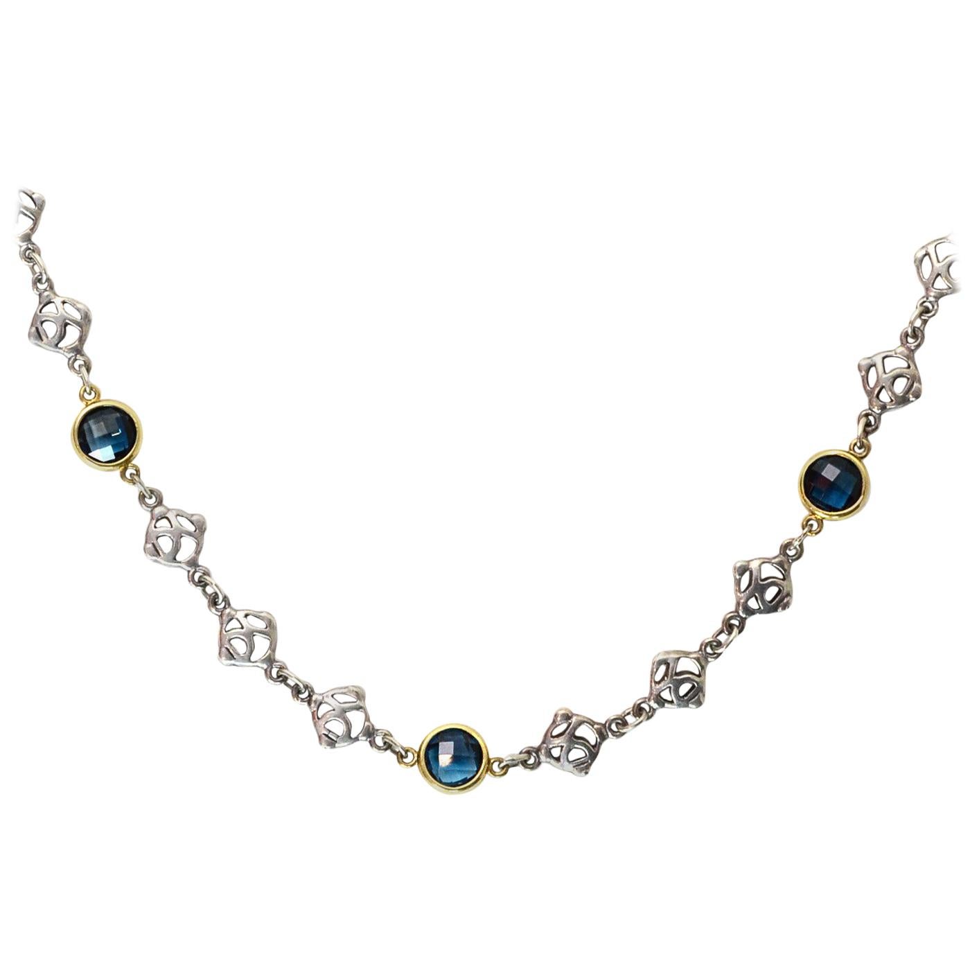 David Yurman 18K Gold/Sterling Silver Blue Topaz Logo Chain Necklace