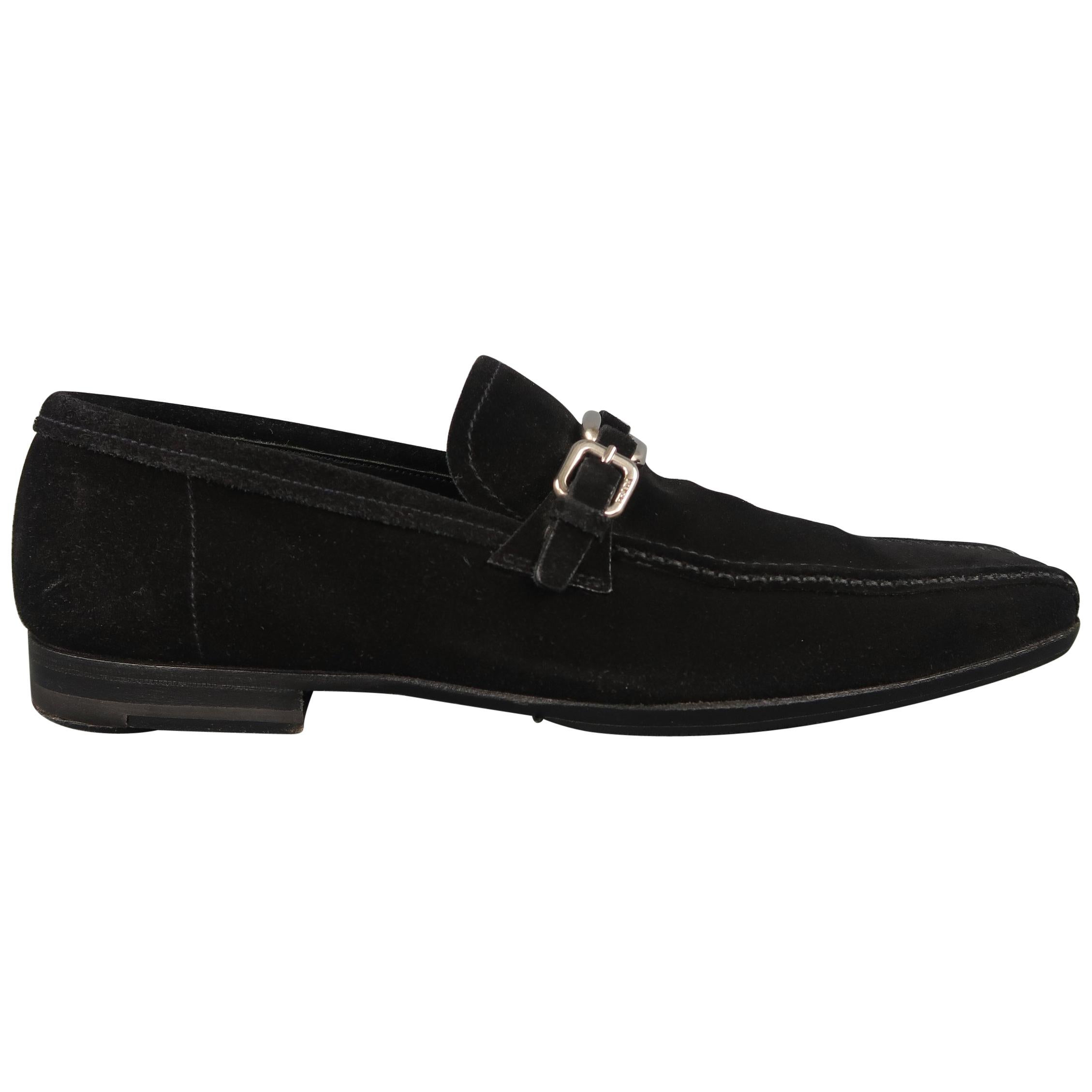 Prada Loafers - Black Suede Silver Metal Buckle Shoes