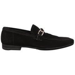 Prada Loafers - Black Suede Silver Metal Buckle Shoes