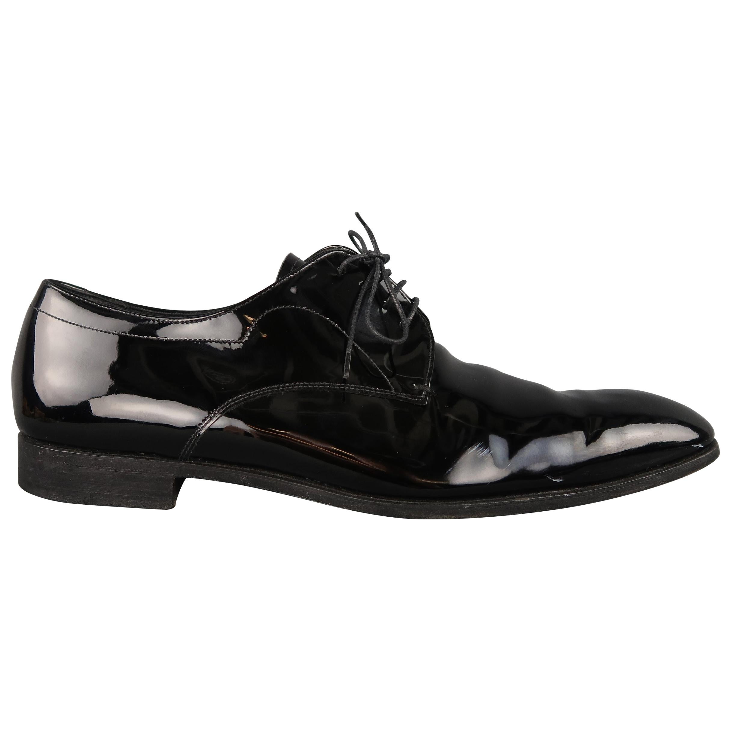 Prada Black Patent Leather Tapered Toe Lace Up Dress Shoes