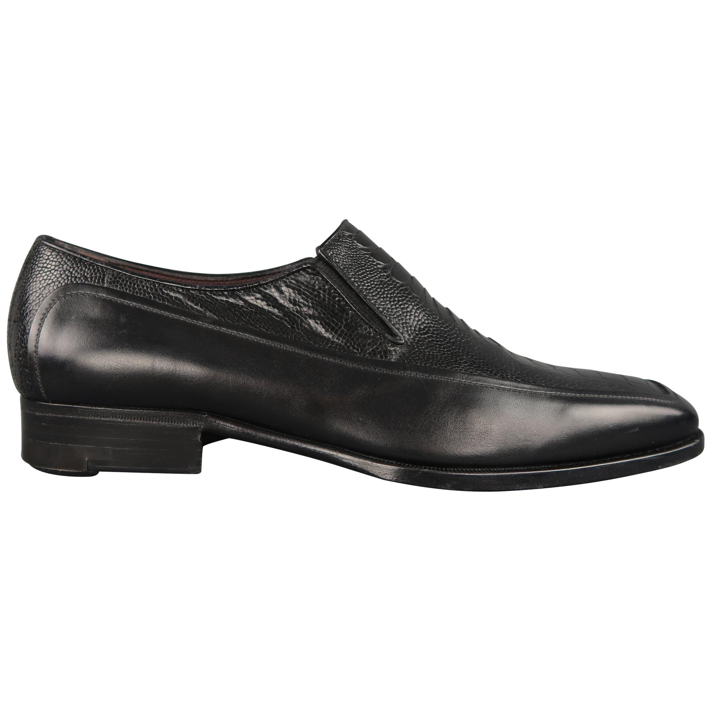 A.Testoni Dress Shoes / Black Lizard Leather Panel Dress Loafers