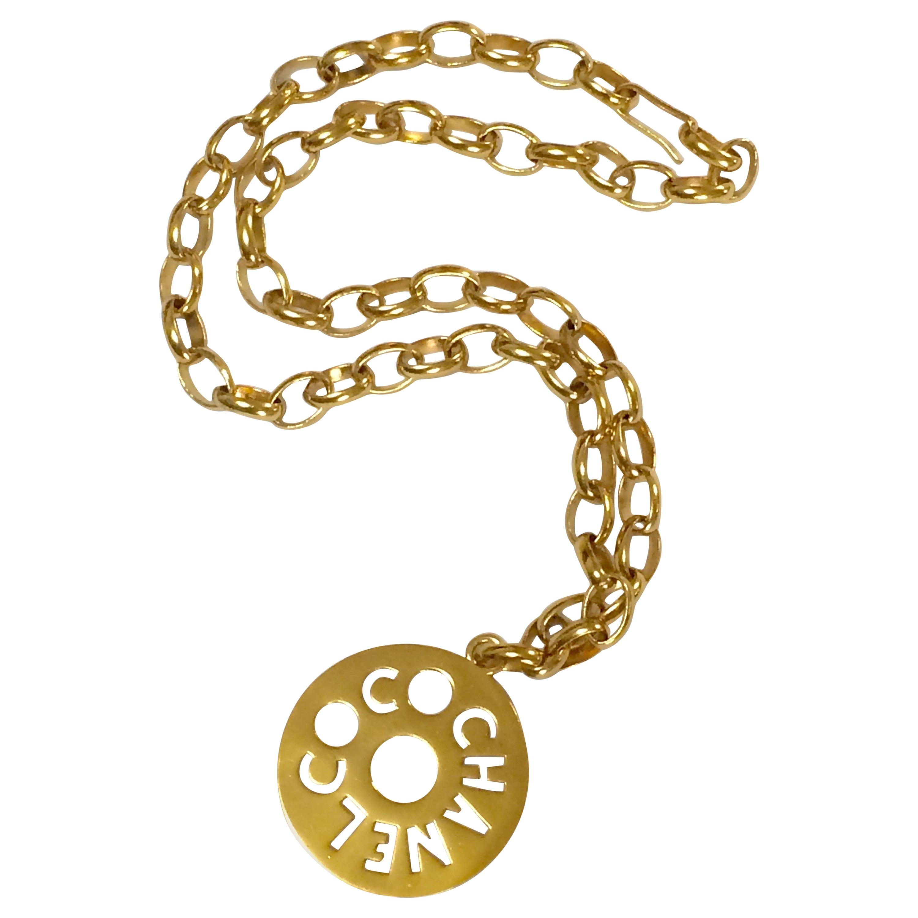 Vintage CHANEL golden chain necklace, chain belt with round logo COCO top. For Sale