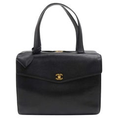 Retro Chanel Black Caviar Leather Front Pocket Briefcase Travel Shoulder Bag