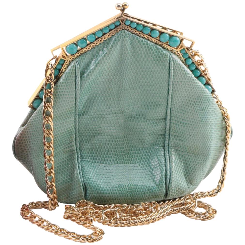 Art Deco Gold Plate c 1930 Frame Snakeskin Evening Bag Turquoise Beads For Sale