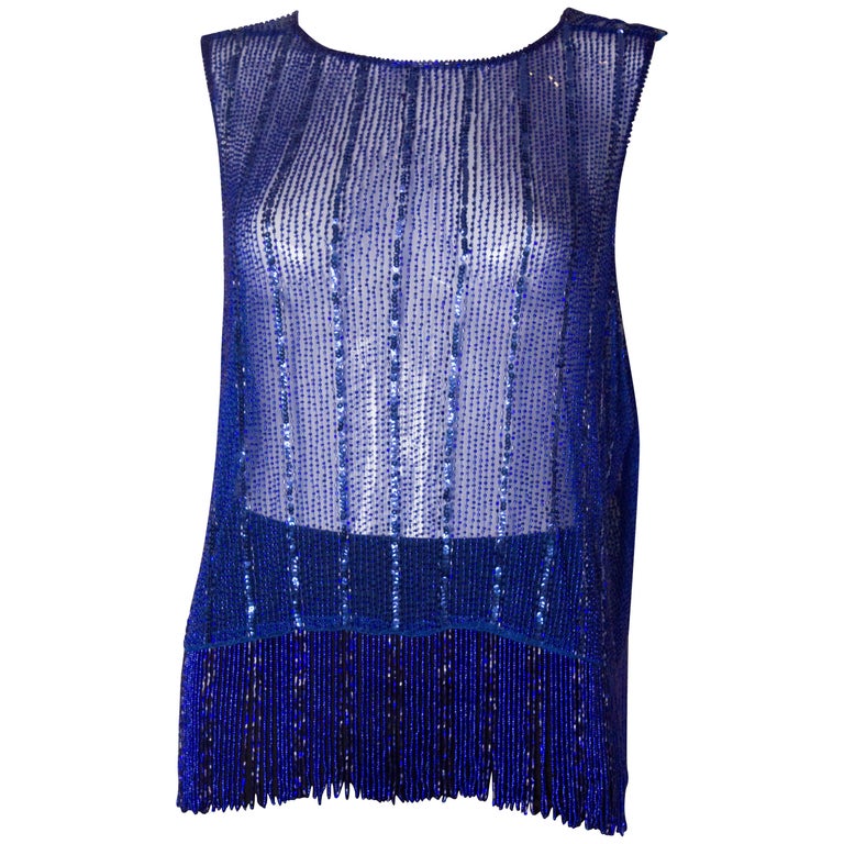 Blue Vintage Beaded and Sequined Shell Top at 1stDibs