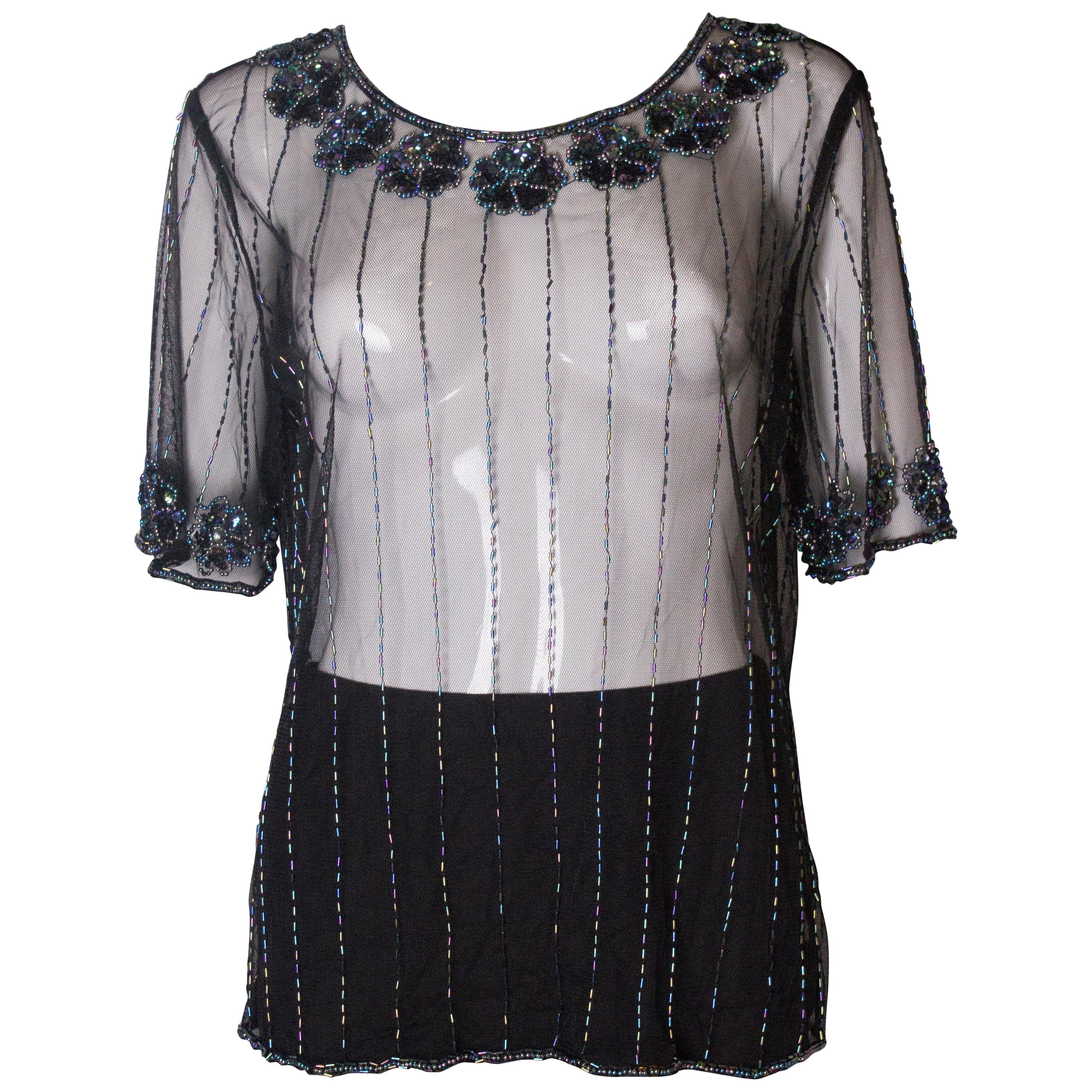 Vintage Net T Shirt with Sequin and Bead Embellishment For Sale