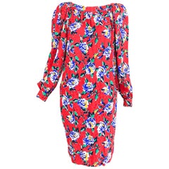 Yves Saint Laurent Red Floral Silk Jacquard Scoop Neck Dress, 1980s