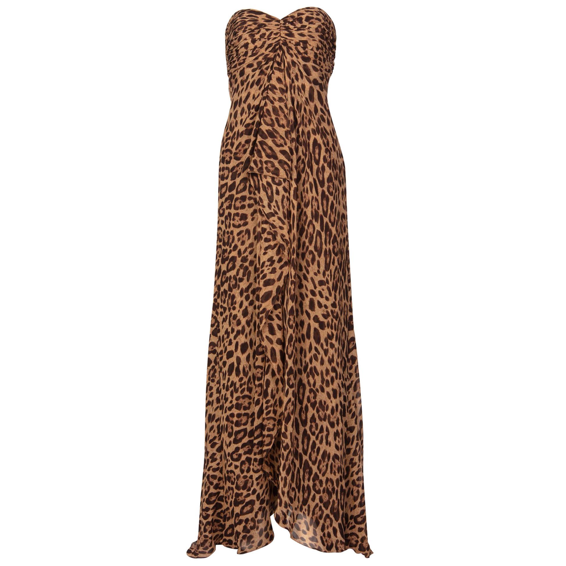 Pamella Roland Silk Leopard Print Strapless Evening Gown and Shawl For Sale