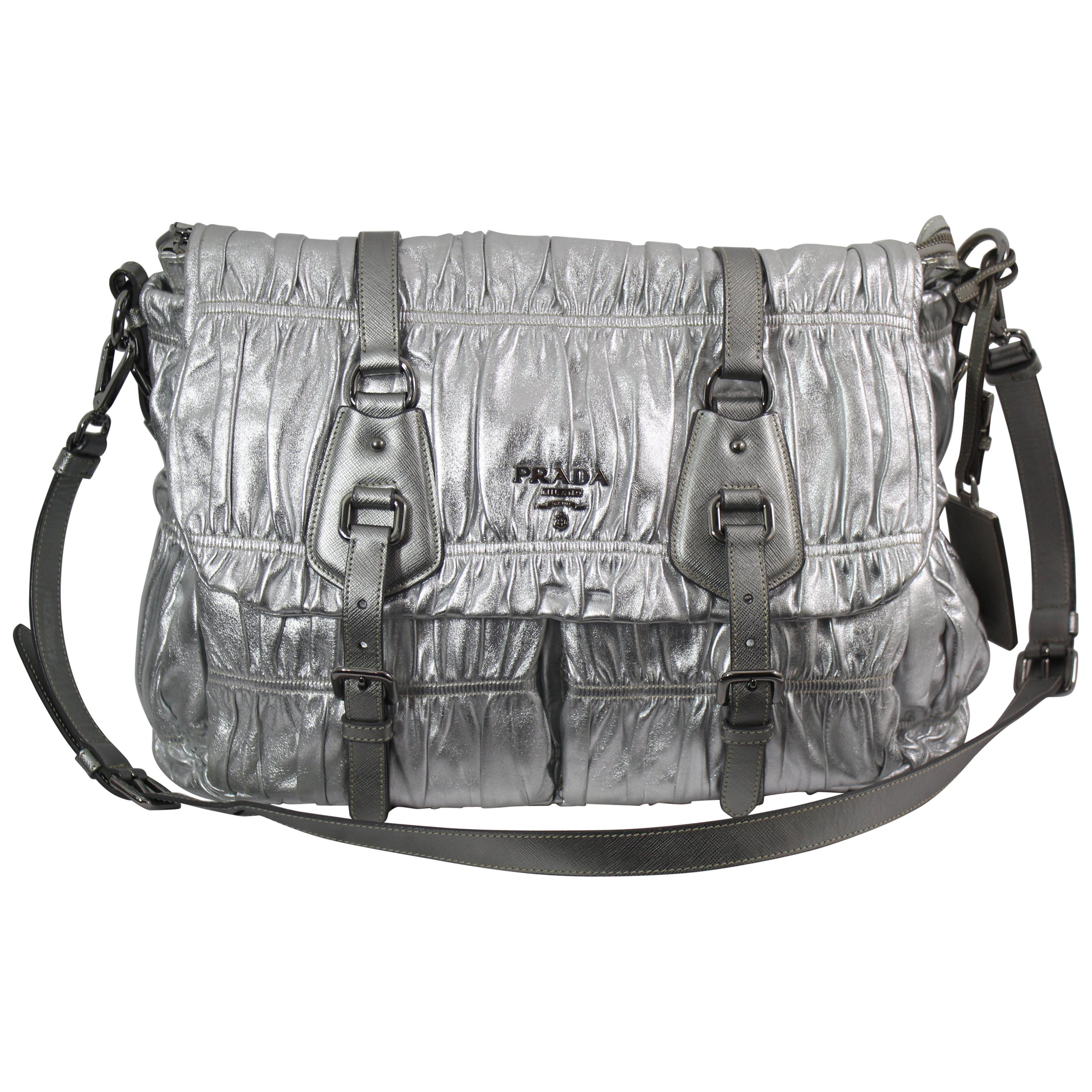 Prada Pleated Silver Leather Bag
