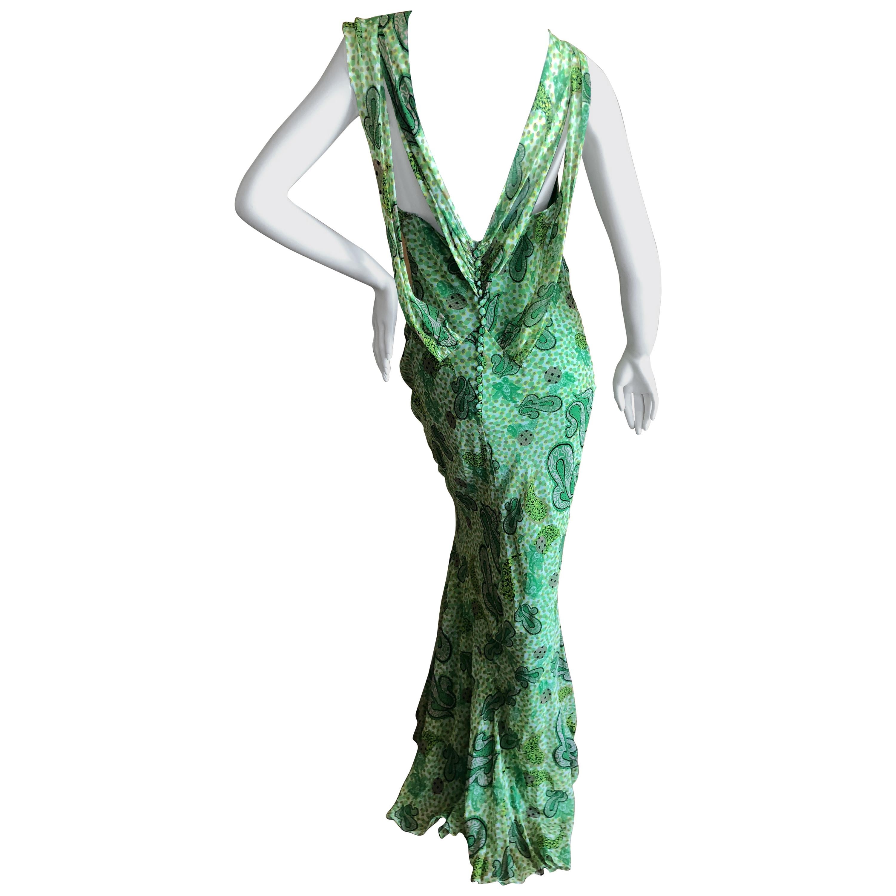  John Galliano 2002 Green Silk Paisley Ruffled Evening Dress with Low Cowl Back For Sale