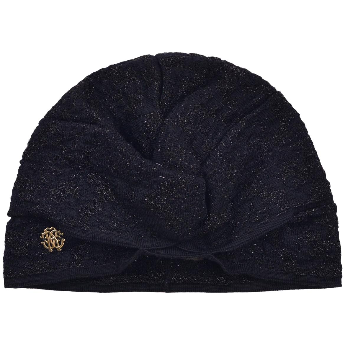 Roberto Cavalli Womens Black Lurex Ruched Knit Turban For Sale