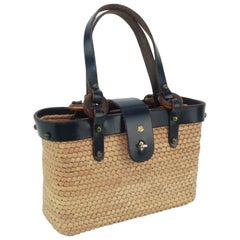 John Romain Navy Blue Leather and Straw Mini Tote Handbag, 1960s