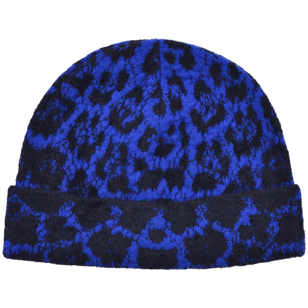 Roberto Cavalli Womens Blue Black Wool Blend Cheetah Hat For Sale