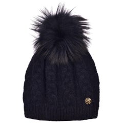 Roberto Cavalli Womens Black Alpaca Cable Knit Fox Fur Hat