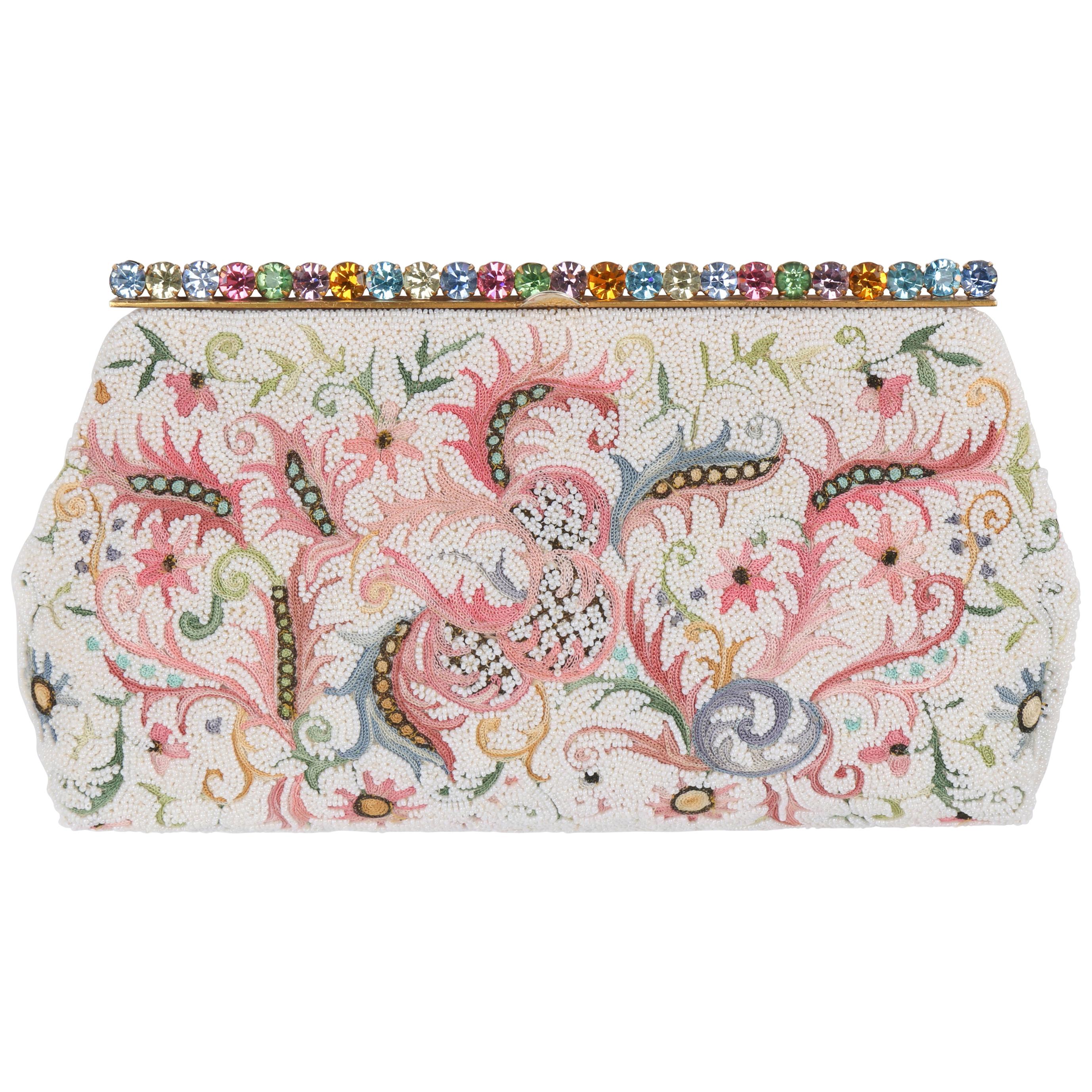 BAGS BY JOSEF c.1940's Floral Point De Beauvais Glass Beaded Frame Top Clutch