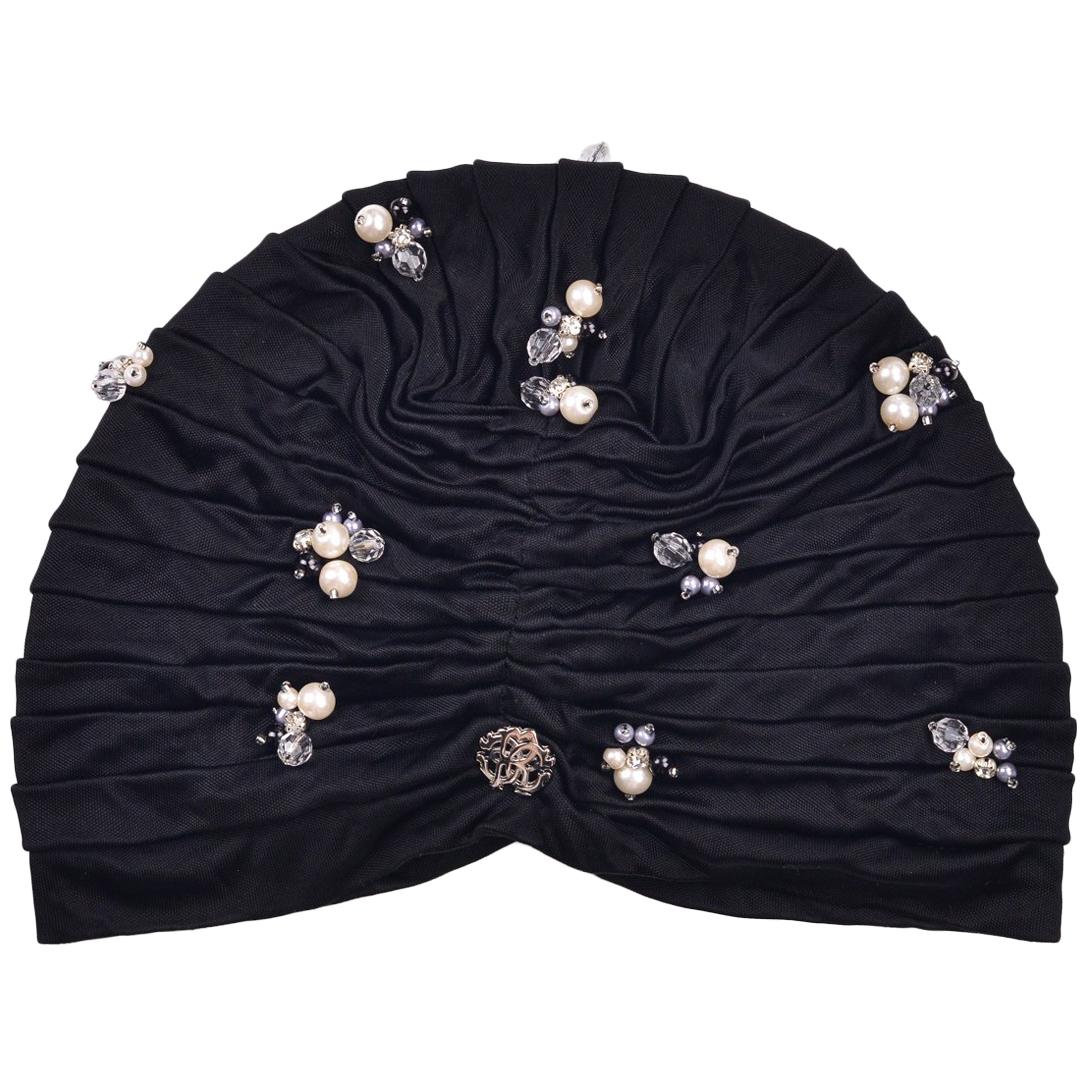 Roberto Cavalli Women Black Pearled Stone Applique Tiered Turban