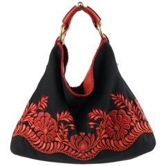 GUCCI Black Canvas & Red Lizard Leather Floral Applique "Horsebit Chain Hobo"