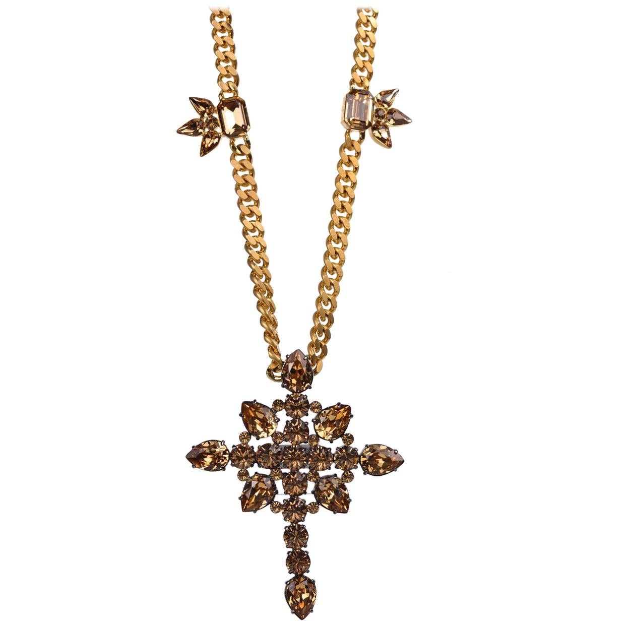Roberto Cavalli Gold Brown Swarovski Cross Pendant Cuban Curb Necklace For Sale