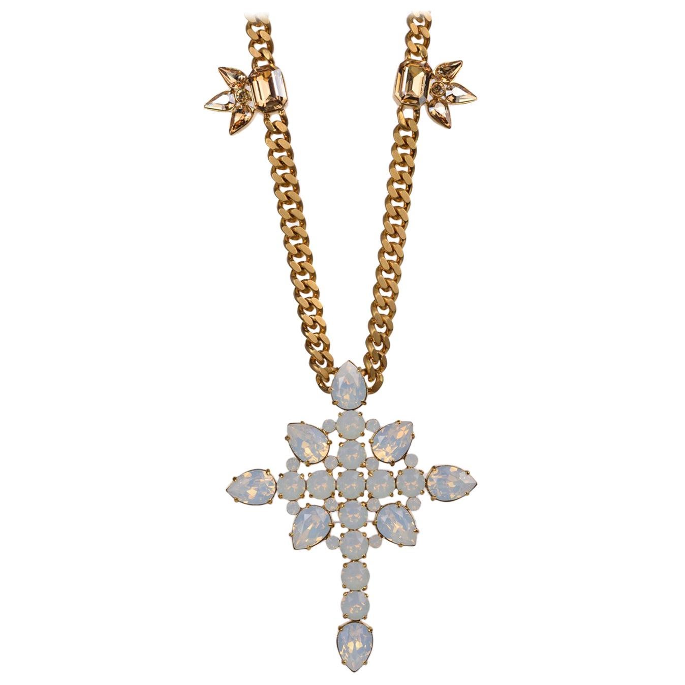 Roberto Cavalli White Opal Swarovski Cross Pendant Cuban Curb Necklace For Sale