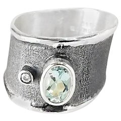 Yianni Creations 0.75 Carat Aquamarine Diamond Fine Silver Oxidized Rhodium Ring