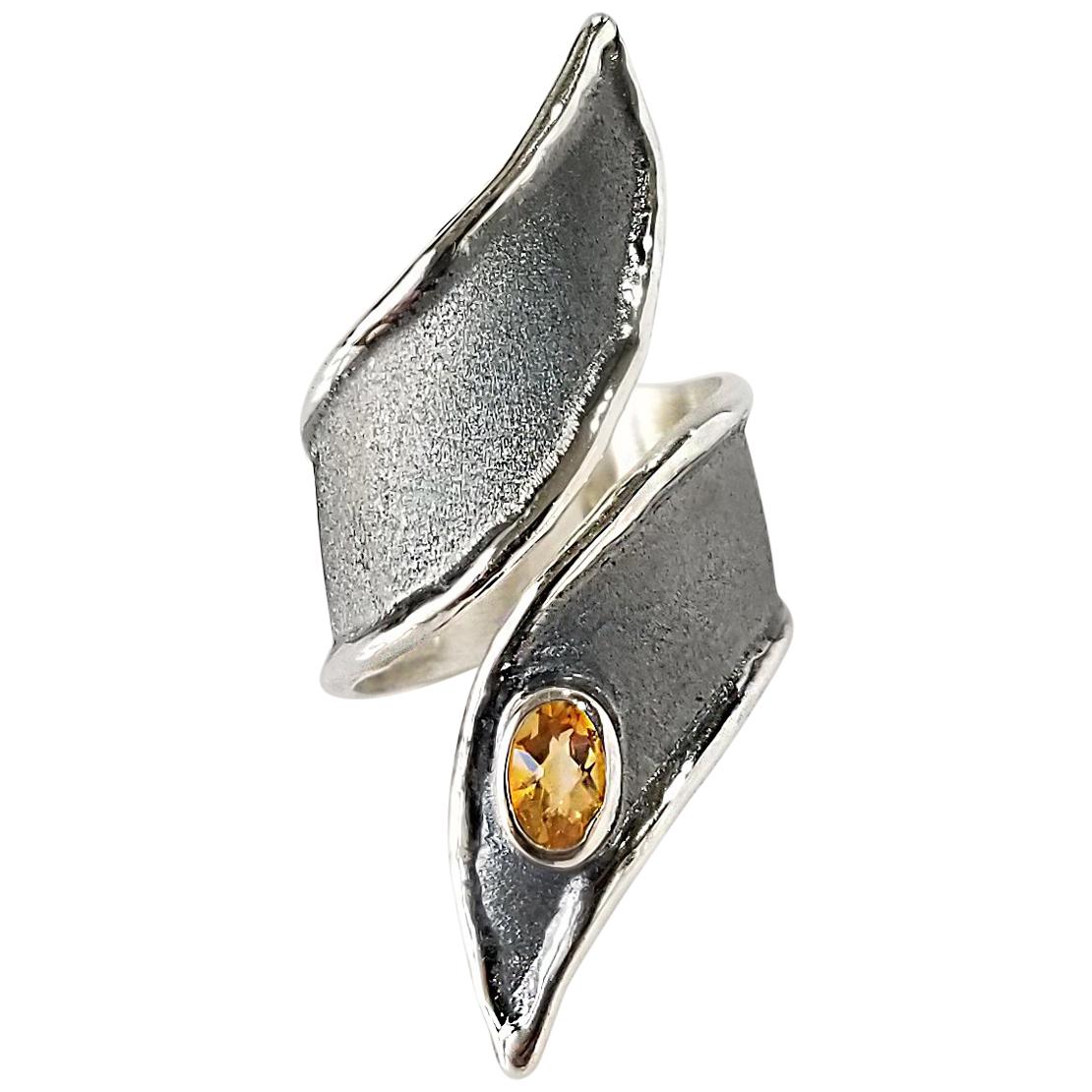 Yianni Creations 0.45 Carat Citrine Fine Silver 950 and Oxidized Rhodium Ring For Sale