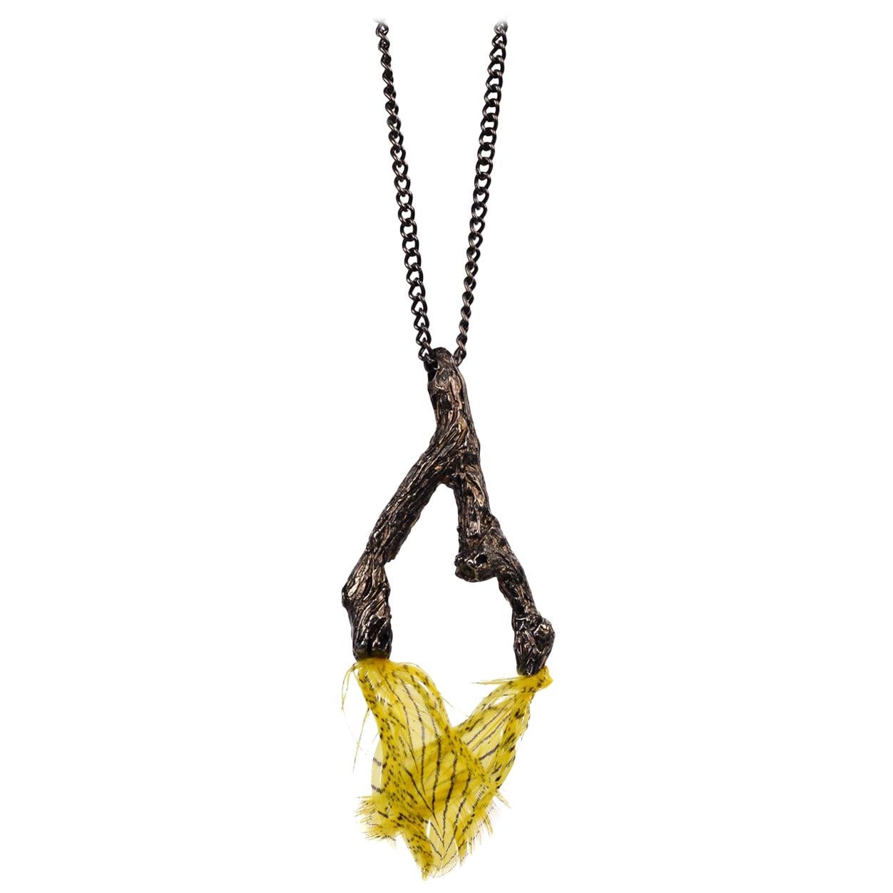 Roberto Cavalli Women Brass Carved Branch Yellow Feather Pendant Chain For Sale