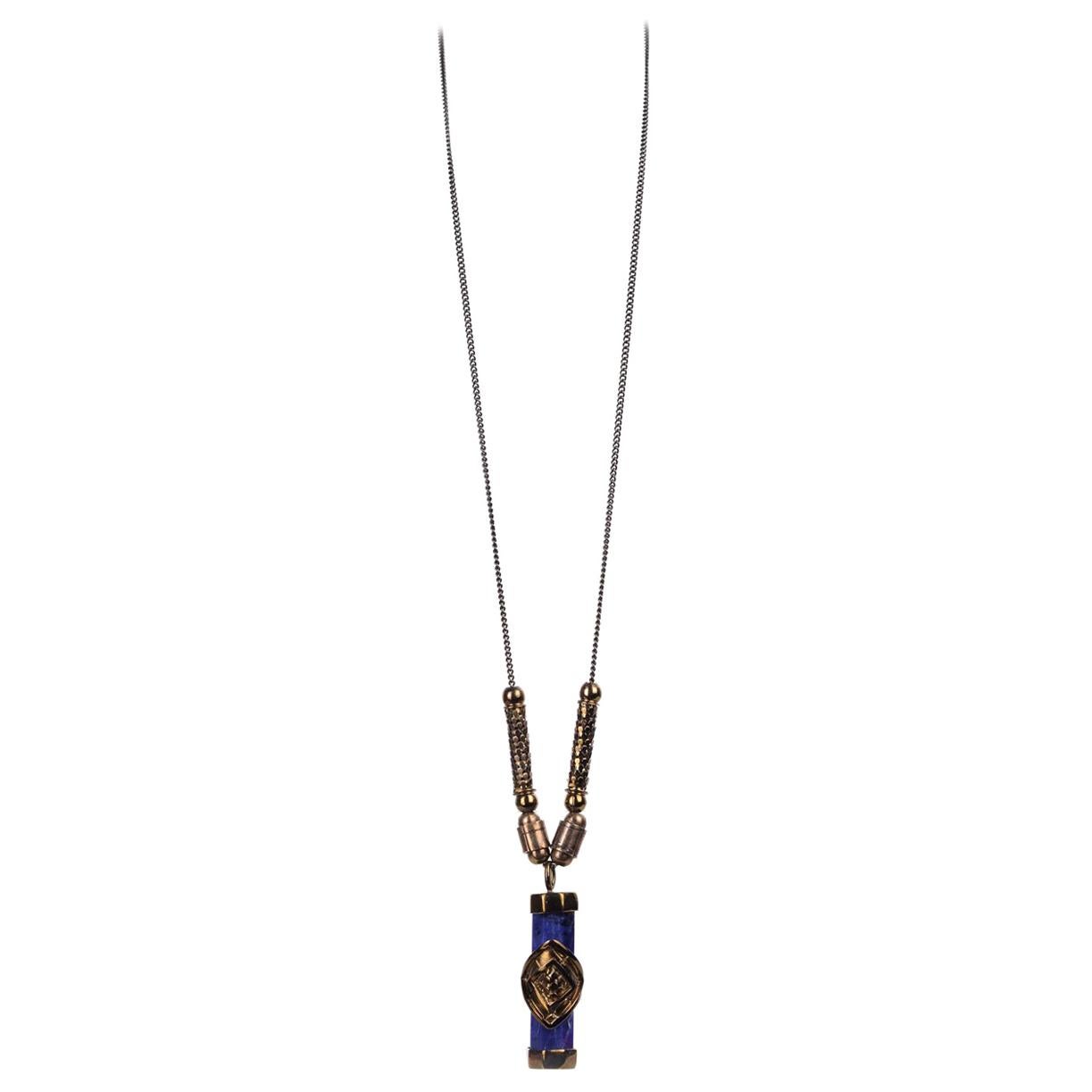 Roberto Cavalli Blue Marble Beveled Brass Octagon Prism Pendant Chain For Sale