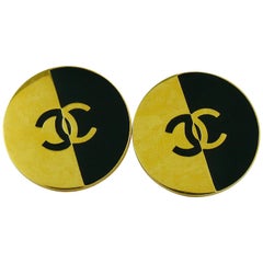 Chanel Vintage Large Black and Gold CC Clip-On Earrings