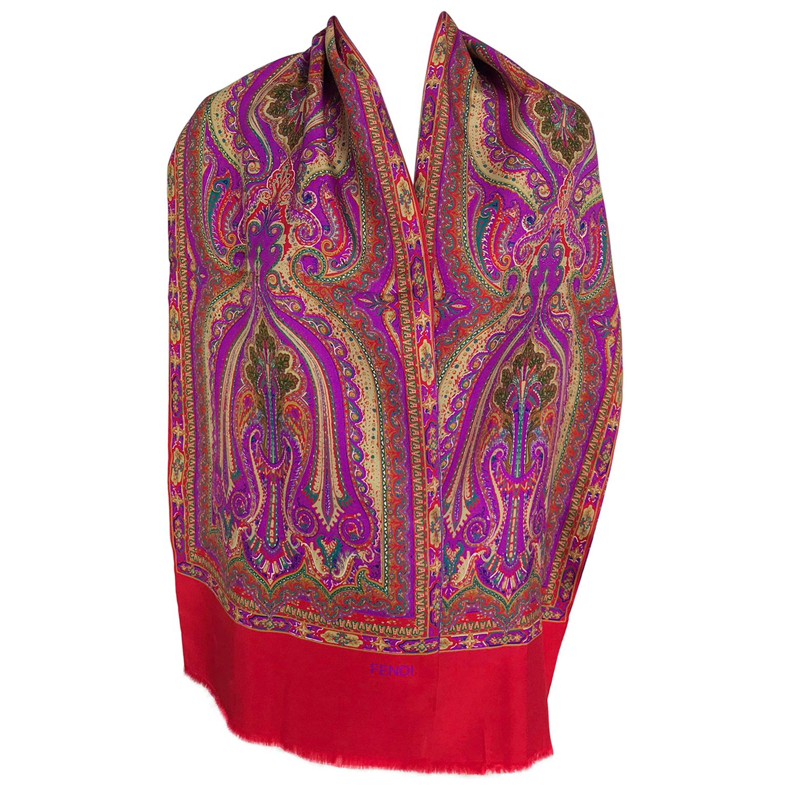 Fendi Paisley Silk Oblong Scarf in Reds and Fuchsia  For Sale