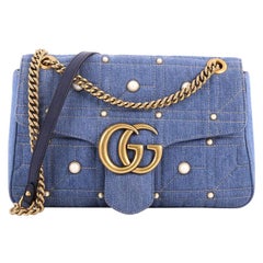 Gucci Pearly GG Marmont Flap Bag Embellished Matelasse Denim Medium