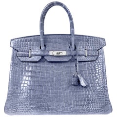 Hermès Blau Brighton Porosus Krokodil 35 cm Birkin Tasche mit Palladium