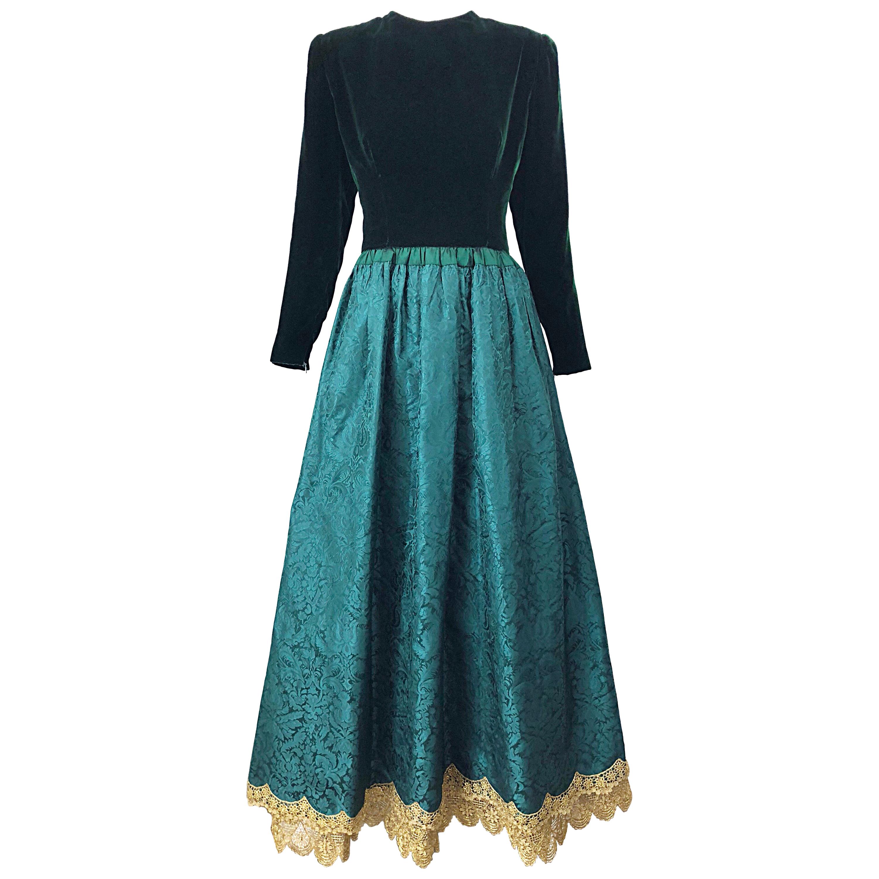 Stunning Vintage Oscar de la Renta Hunter Forest Green Velvet Silk Damask Gown 8 For Sale