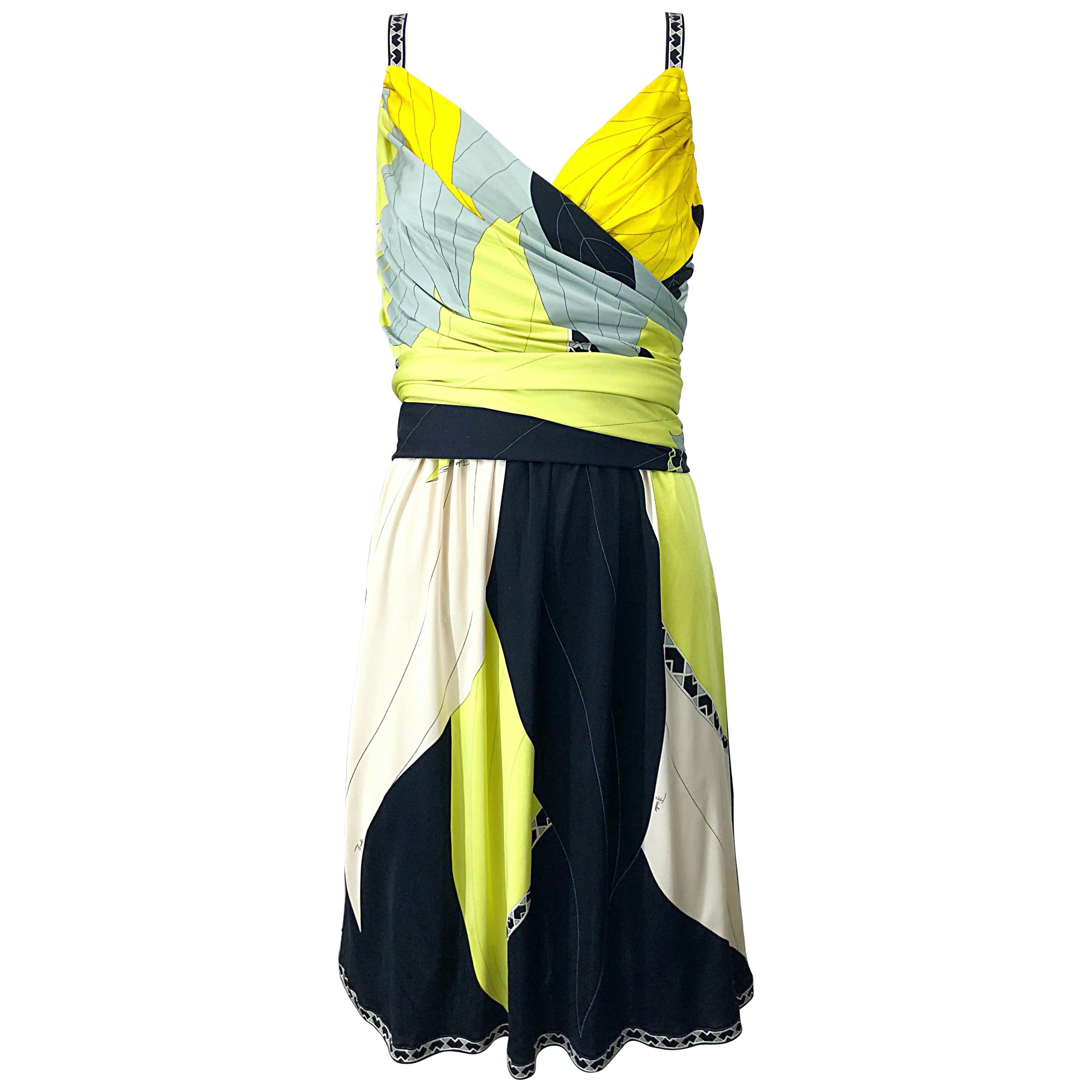 Emilio Pucci 1990s Size 6 Chartreuse Black Ivory Kaleidoscope Silk Jersey Dress For Sale