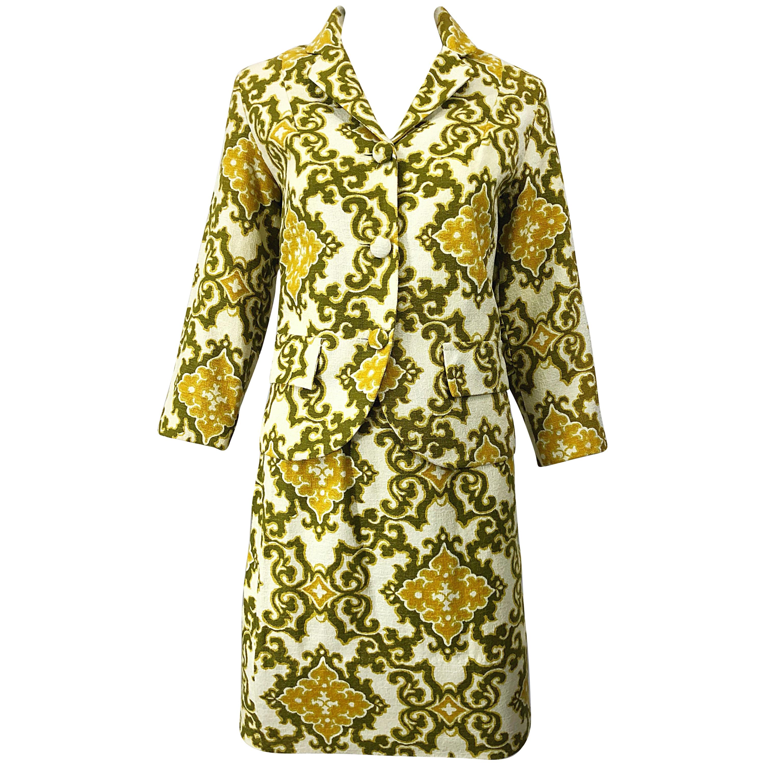 Chic 1960s Joseph Magnin Baroque Print Chartreuse Silk + Cotton 60s Skirt Suit