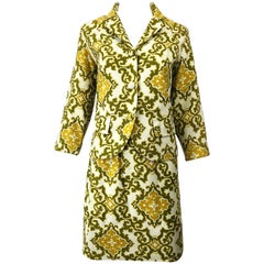 Vintage Chic 1960s Joseph Magnin Baroque Print Chartreuse Silk + Cotton 60s Skirt Suit