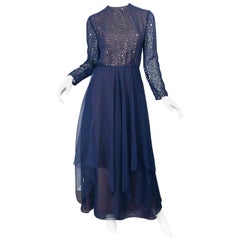 Kiki Hart magnifique robe de soirée vintage bleu marine à paillettes dorées et bleu marine, années 1960