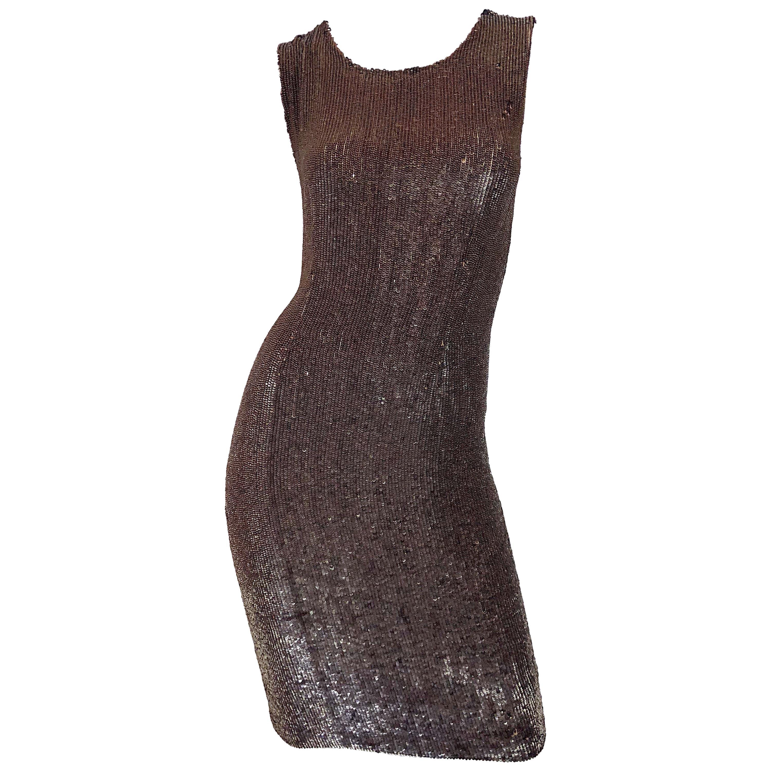 Bill Blass Early 2000s Silk Chiffon Brown Bronze Fully Sequined Sheath Dress For Sale