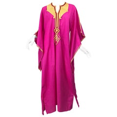 Amazing 1970s Hot Pink + Yellow Angel Sleeve Vintage 70s Kaftan Maxi Dress