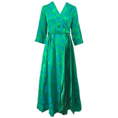 Beautiful 1950s Julius Lonschein Kelly Green Blue Belted Vintage 50s Wrap Dress