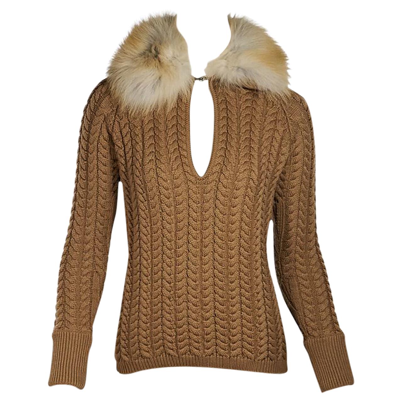 Brown Andrew Gn Fur-Collar Knit Sweater