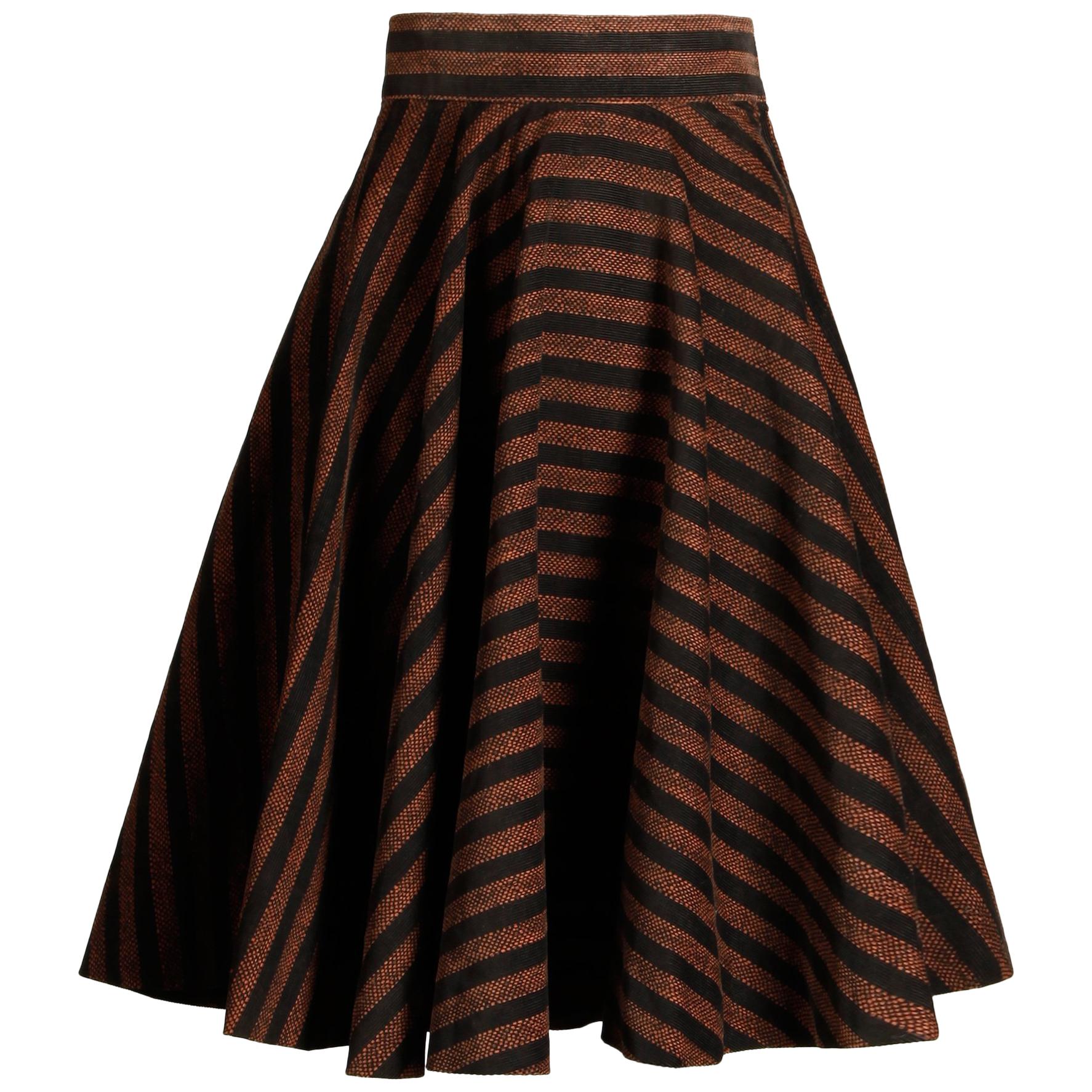 1950s Brown + Black Striped Circle Skirt with a Full Sweep