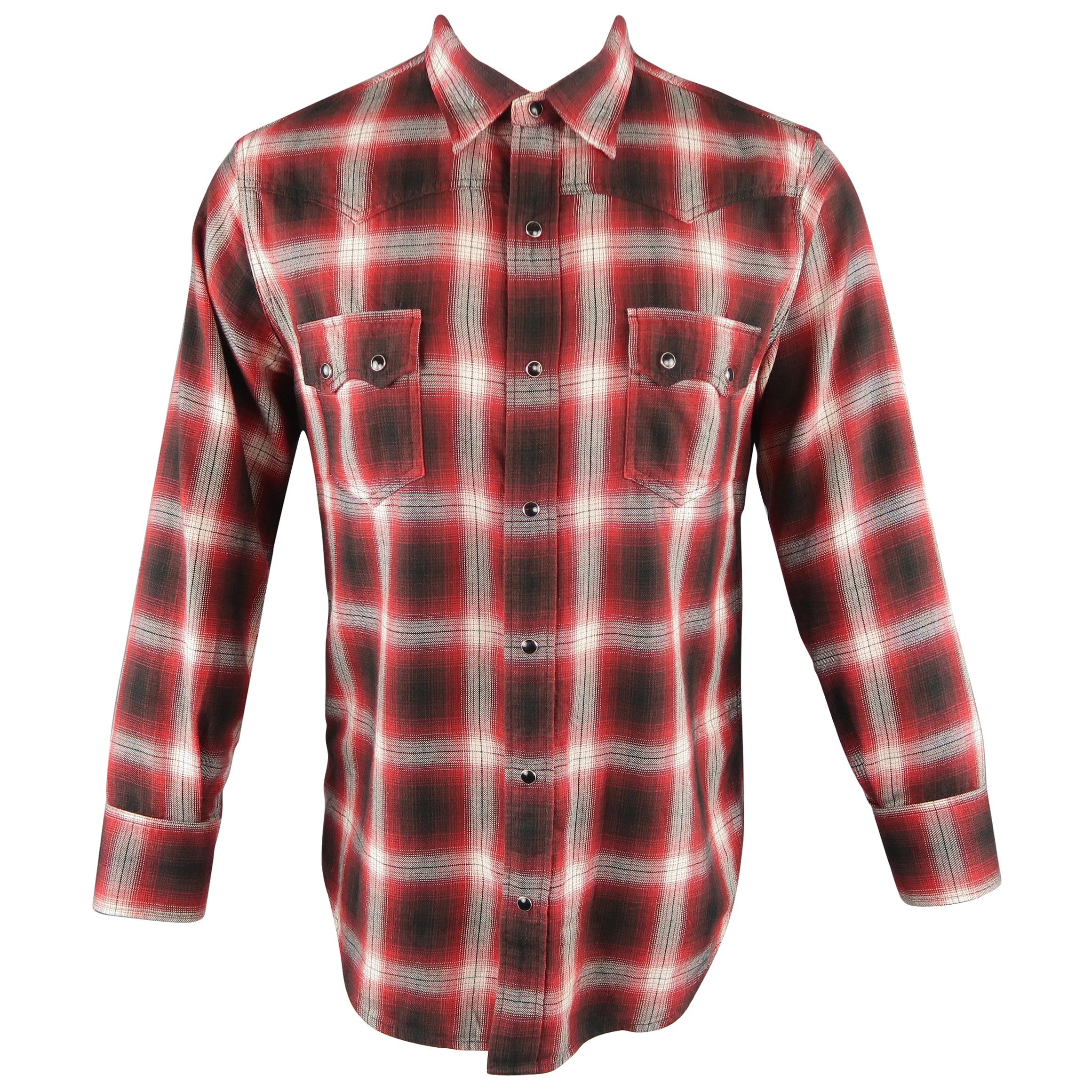Saint Laurent Red and Black Plaid Cotton Long Sleeve Western Shirt