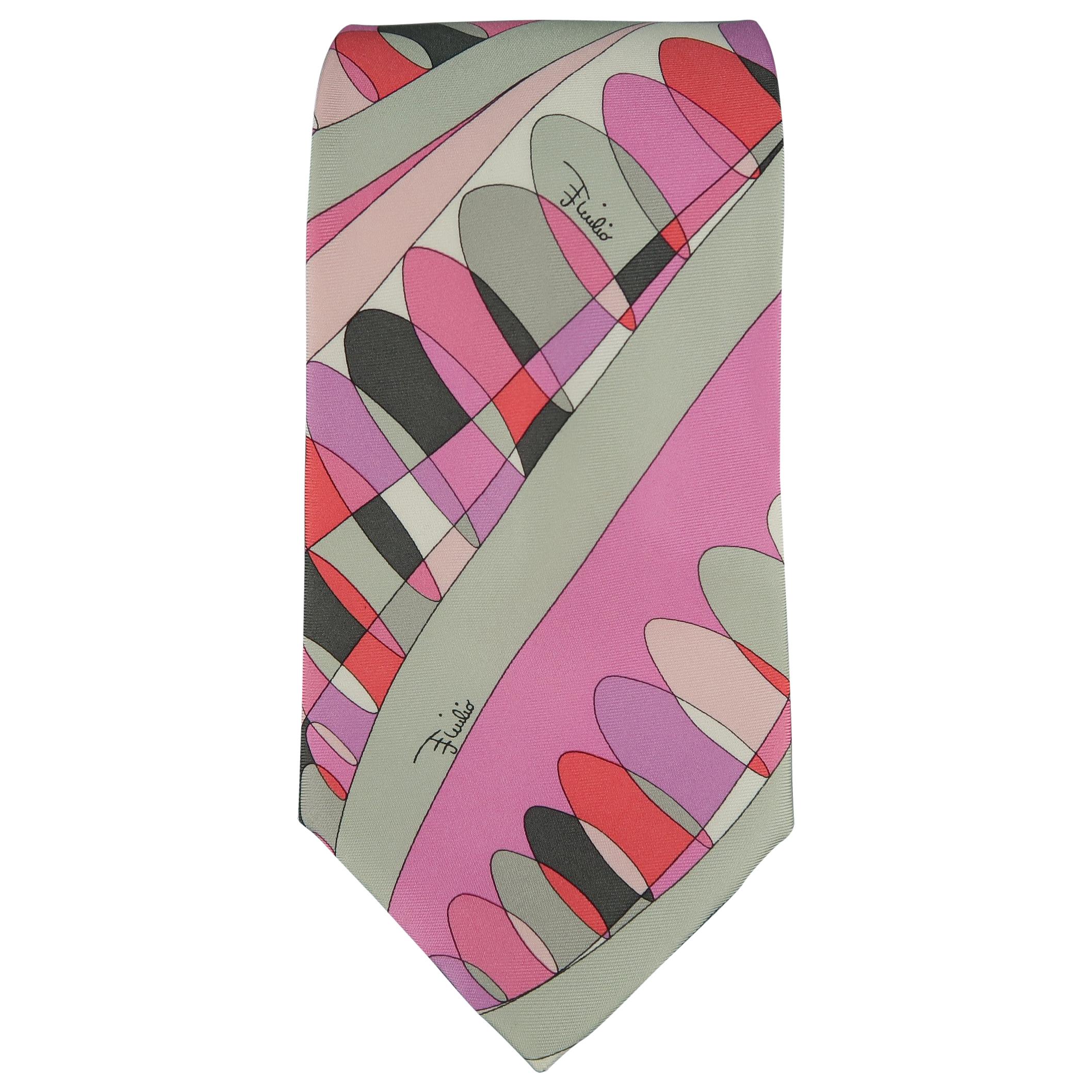 Emilio Pucci Pink Red and Gray Abstract Print Silk Tie