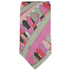 Vintage Emilio Pucci Pink Red and Gray Abstract Print Silk Tie